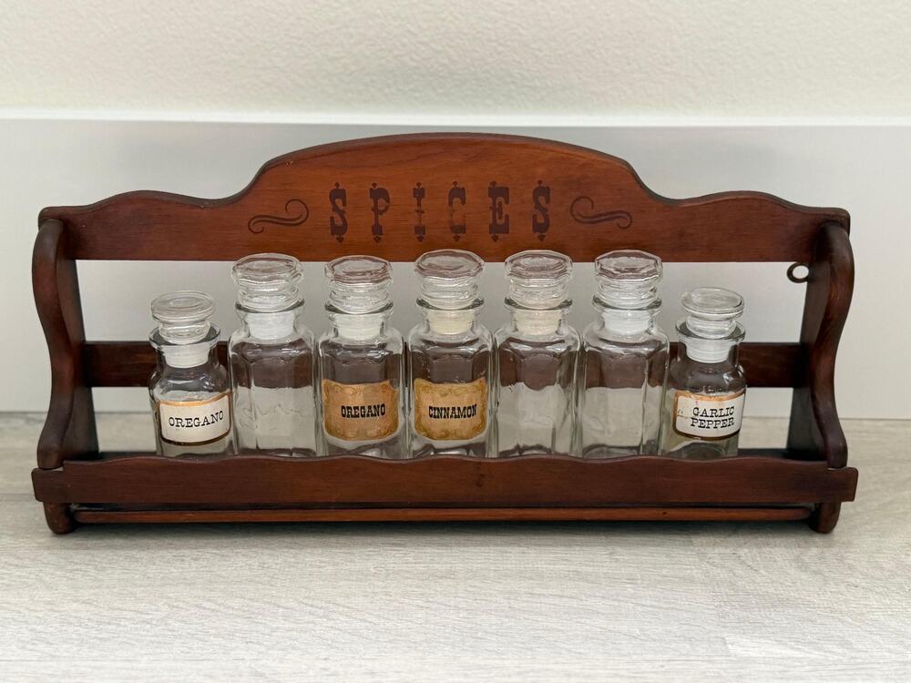 Vintage Wooden Spice Rack with 7 glass apothecary-style jars